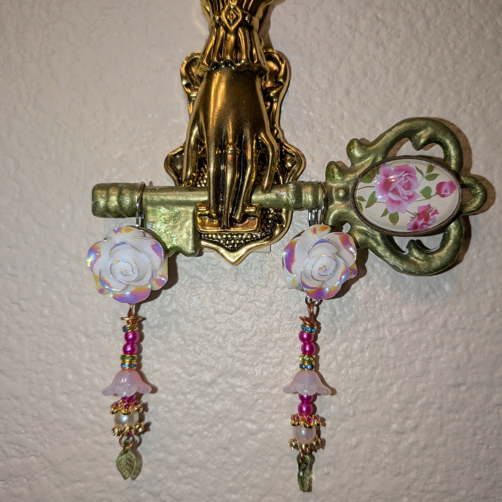 Floral Dangle Earrings with Pink and Gold Accents